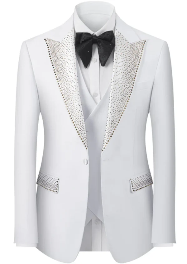Men’s White Tuxedo Suit with Crystal-Embellished Lapels
