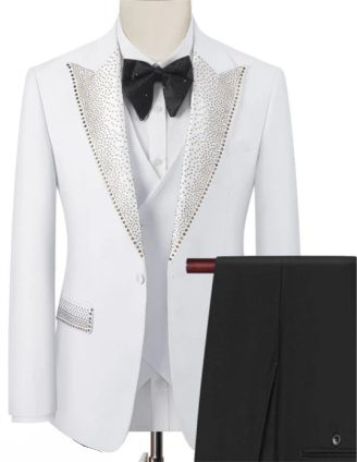 Men’s White Tuxedo Suit with Crystal-Embellished Lapels