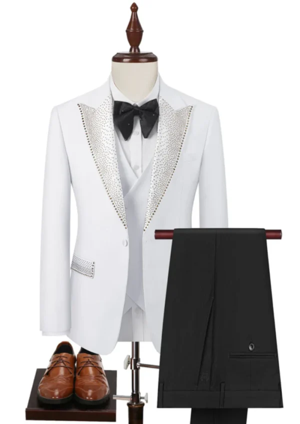 Men’s White Tuxedo Suit with Crystal-Embellished Lapels